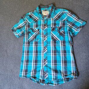 JNCO Crown Brand Plaid Button-Up Shirt Teal Gray Black Short Sleeve M